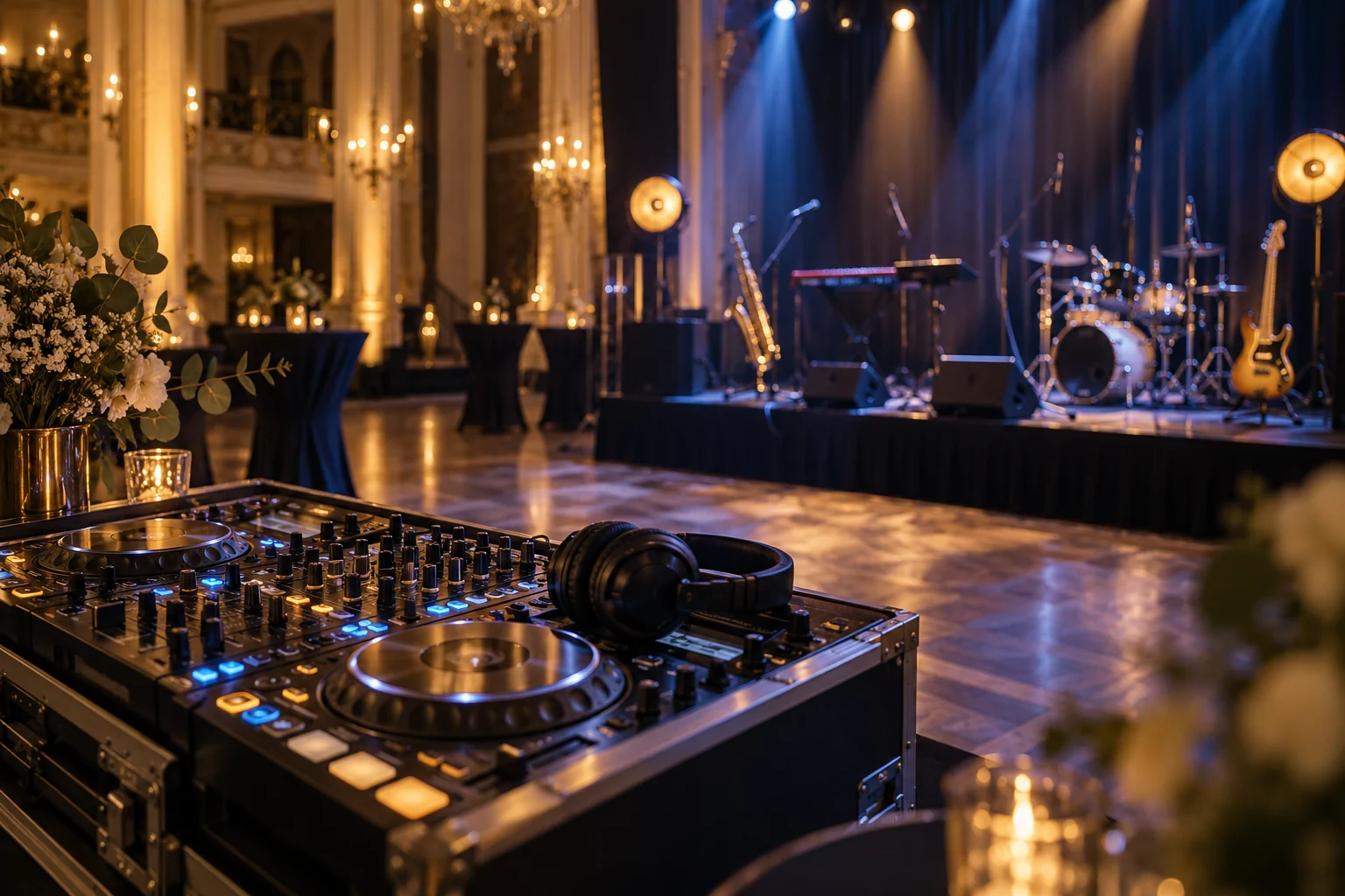 Ilustrační scéna s DJ pultem a pódiem pro živou kapelu na plese