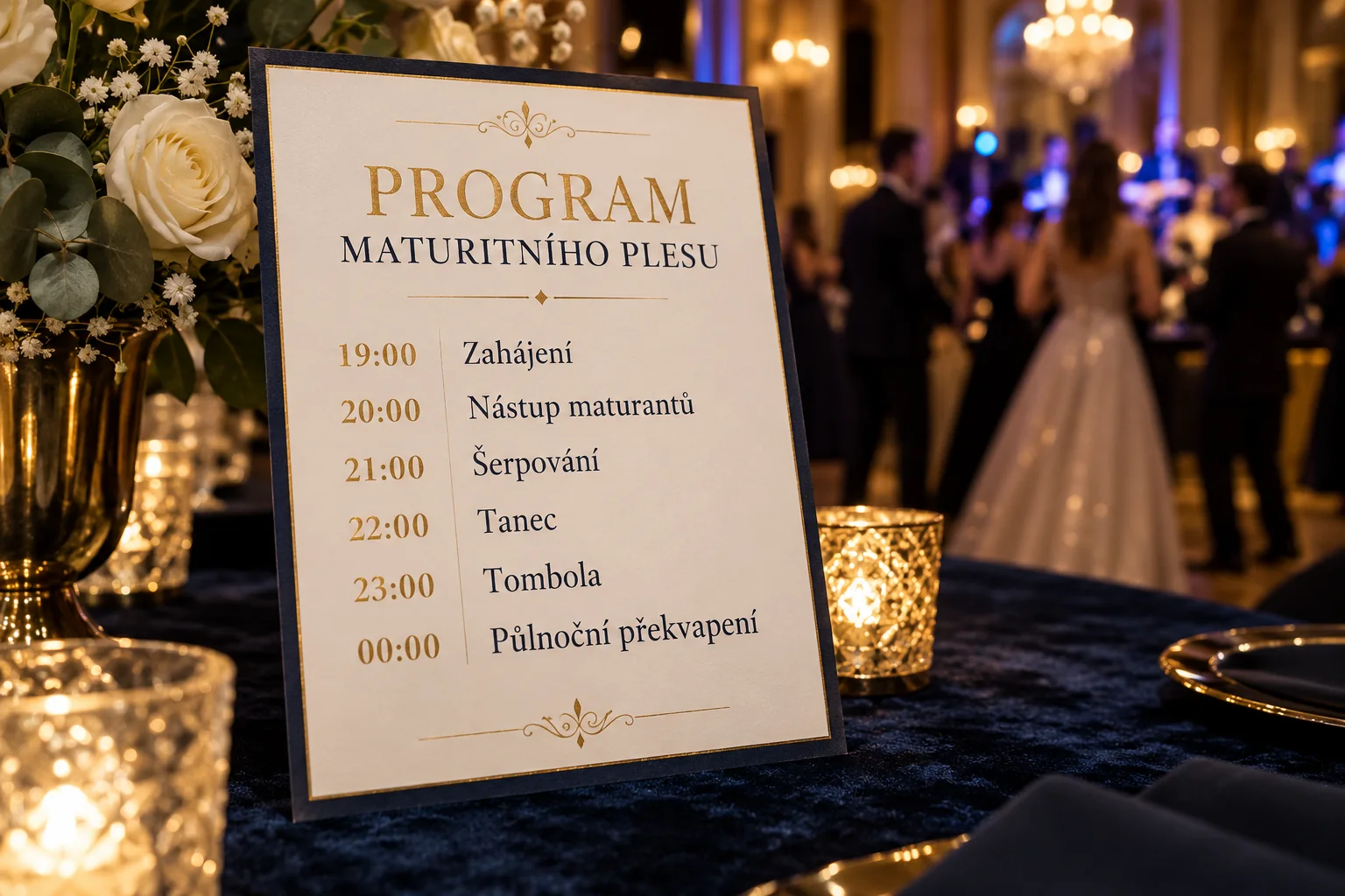 Ukázkový program maturitního plesu s pořadím hlavních bodů večera